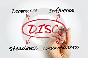 DISC, Dominance, Influence, Steadiness, Conscientiousness, acronym with marker, personal assessment tool to improve work