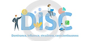 DISC, Dominance, Influence, Steadiness, Conscientiousness. Concept with keywords, letters, and icons. Flat vector