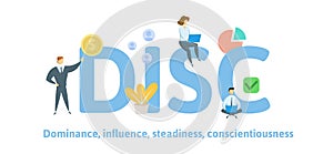 DISC, Dominance, Influence, Steadiness, Conscientiousness. Concept with keywords, letters, and icons. Flat vector photo