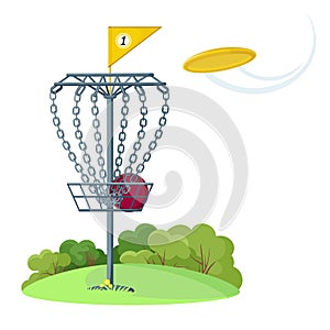 Disc golf basket with yellow flying frisbee disk