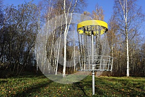 Disc golf, sports and hobbies in outdoor. Beautiful game. Autumn morning