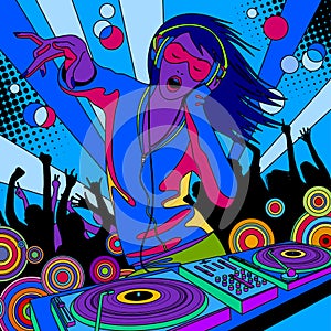 Disc jockey girl with a DJ mixer and people dancing at a party