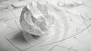 A discarded crumpled paper ball landing near a sketched diagram, symbolizing the iterative process