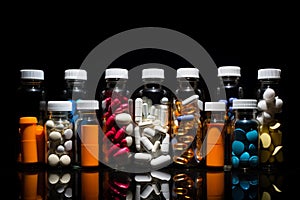 Discarded Empty pills bottles on table. Generate Ai