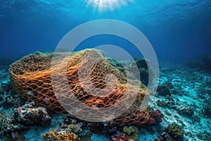 Discarded Fishing Net In Coral Reef. Generative AI