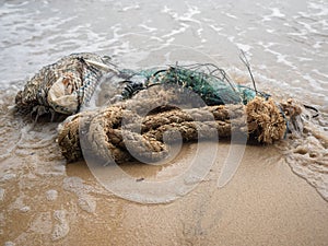 Discarded fishing net and rope on the beach