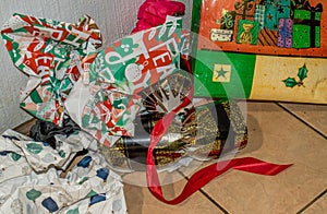 Discarded gift wrappings from Christmas celebrations photo