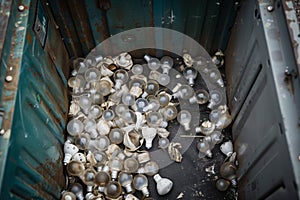 discarded light bulbs in a dumpster, seen from above