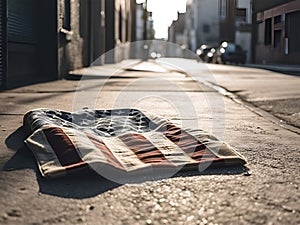 Discarded miniature American flag lies on concrete, covered in dust and dirt