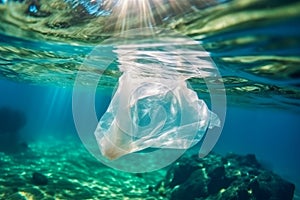 Discarded plastic bag drifting in a tropical blue ocean. Underwater pollution concept. Generative AI