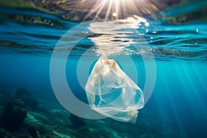 Discarded plastic bag drifting in a tropical blue ocean. Underwater pollution concept. Generative AI