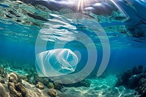 Discarded plastic bag drifting in a tropical blue ocean. Underwater pollution concept. Generative AI