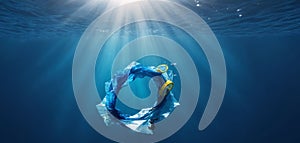 A discarded plastic bag drifts in the blue ocean. Ocean pollution