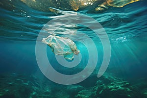 discarded plastic bags floating on the ocean surface