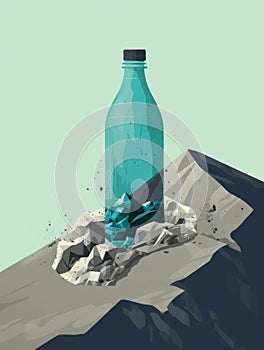 A discarded plastic bottle bashed and covered in dirt on the side of a mountain.. AI generation photo