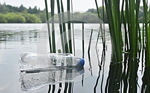 Discarded plastic bottle floating in a lake