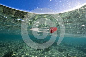 Discarded plastic bottle floating in ocean over coral reef