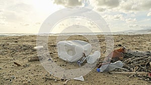 Discarded plastic pollution on contaminated ocean sea coast ecosystem,environmental waste damage