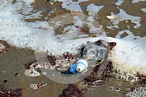 Discarded plastic water bottle in the sea.