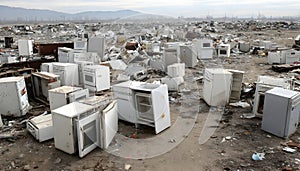 discarded refrigerators in recycling yard