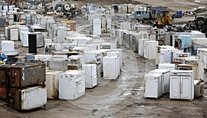 discarded refrigerators in recycling yard