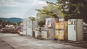 discarded refrigerators in recycling yard