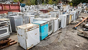discarded refrigerators in recycling yard