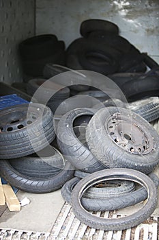Discarded Rubber Tyres at local recycling center