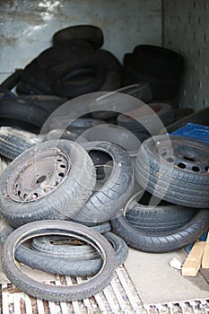 Discarded Rubber Tyres at local recycling center