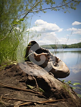 A discarded shoe its sole worn away beside a lake.. AI generation