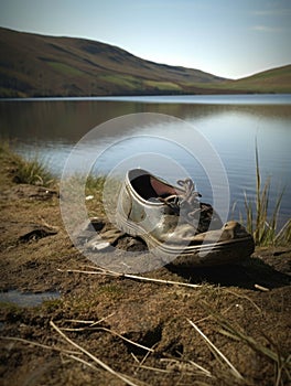 A discarded shoe its sole worn away beside a lake.. AI generation