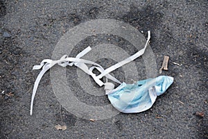 Discarded surgical mask on a dirty street