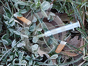 Discarded syringe in gutter