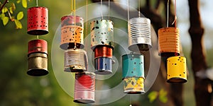 Discarded tin cans creatively stacked and turned into a wind chime, concept of Upcycled art