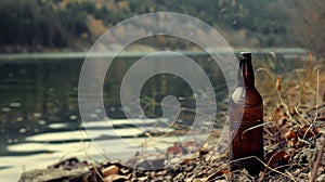 Discarded wine bottle by the lake surrounded by nature's serenity