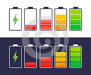 Discharged and fully charged battery smartphone. Set of battery charge level indicators. Vector illustration.