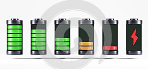 Discharged and various level energy batteries infographic set on white background, 3d illustration