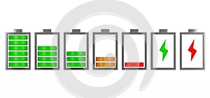 Discharged and various level energy batteries infographic set on white background, 3d illustration