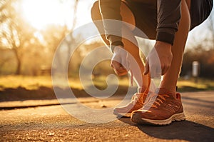 Disciplined Man tying shoelaces before training. Generate Ai