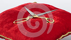 Disclosed scissors on red pillow. Rotation. White