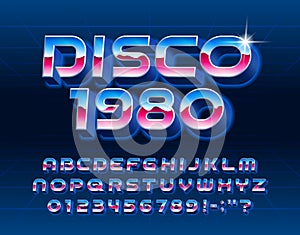 Disco 1980 alphabet font. Glowing 3D letters and numbers in 80s style.