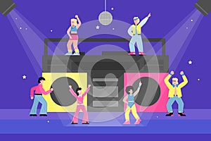 Disco 80s party banner with huge record player flat cartoon vector illustration.