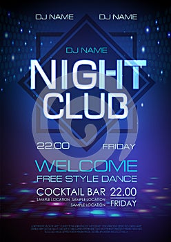 Disco abstract background. Neon sign Night club poster.