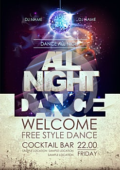 Disco ball background. Disco all night dance party poster on opeDisco ball background. Disco all night dance party poster on open