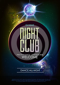 Disco ball background. Disco Night club party poster on open space background.