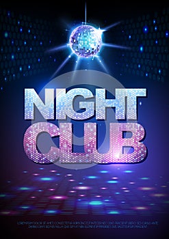 Disco ball background. Disco poster night club. Neon