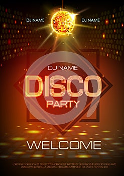 Disco ball background. Neon sign Disco party poster.