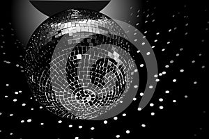 Disco ball on black background, black and white. Vector