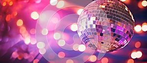 Disco ball with bokeh background. Close-up magenta horizontal blurred background with blank space. Generative AI