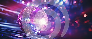 Disco ball with bokeh background in purple colors. Close-up horizontal blurred background with blank space